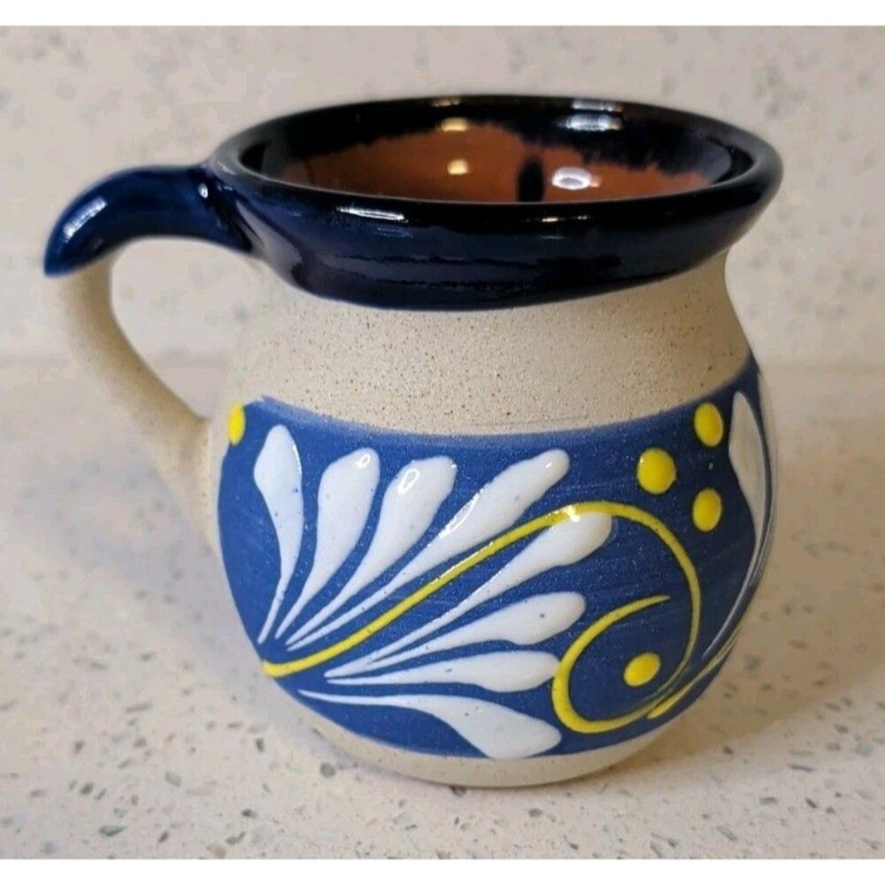 Mexican Clay Jarrito de Barro Coffee Mug Terra Cotta Pottery Folk Art Blue